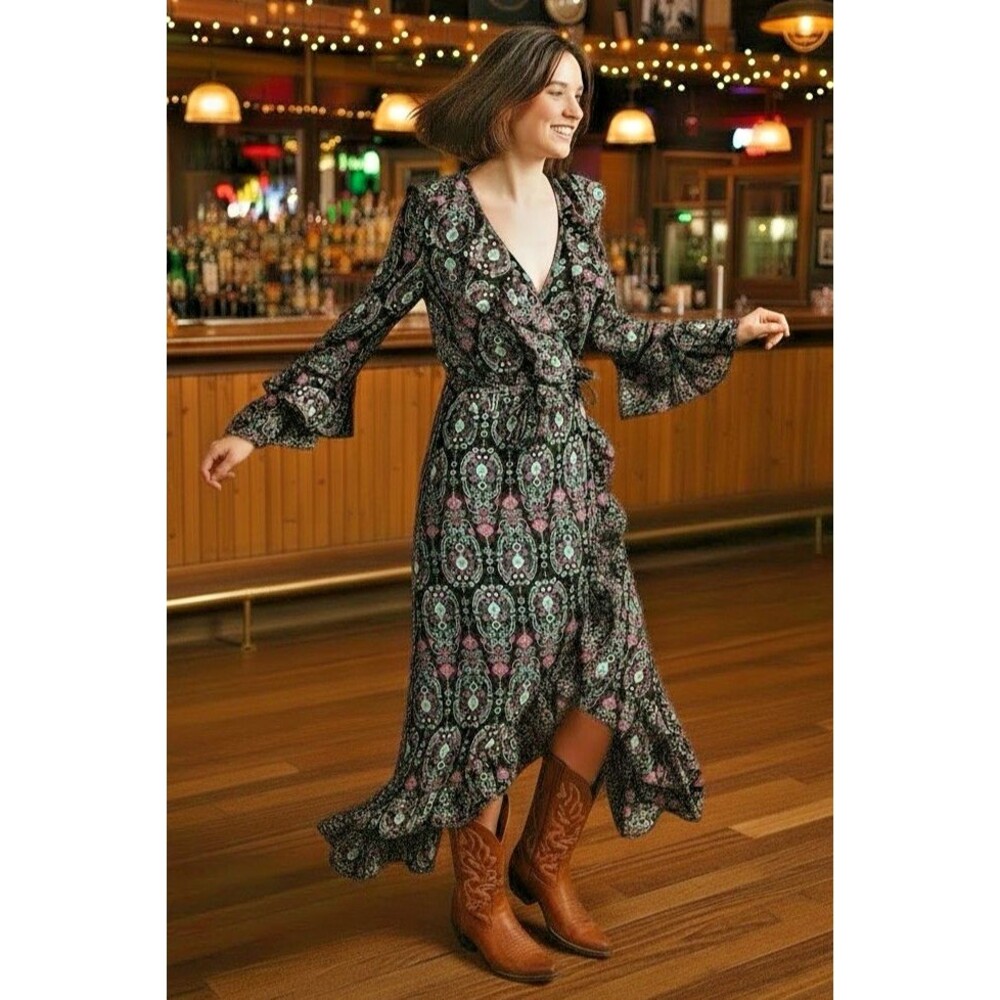 Roper NEW womens western paisley waist tie wrap dress  ruffle asymmetrical M